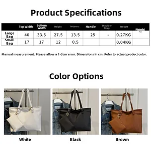 Detailed size chart and dimensions for the minimalist PU leather tote bag set