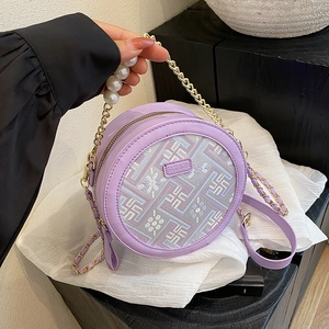 Sac Bandoulière Rond pour Femme Style Nouveau Chinois PU Broderie Florale Géométrique avec Poignée en Künstliche Perles et Chaîne Dorée