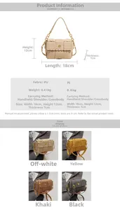 Detailed sizing chart and material specs for woven crossbody bag in PU leather