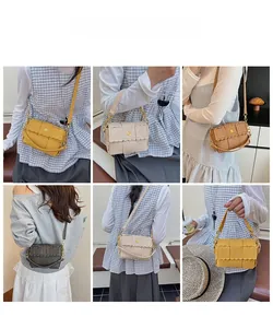 Multiple views of woven crossbody bags with flower clasps in yellow beige brown and black