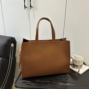 Large Capacity PU Leather Tote Bag With Embossed Letter Fashion Retro Commuter Shoulder Crossbody Handbag For Women