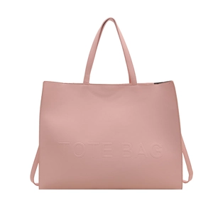 Pink minimalist tote bag in textured faux leather with embossed TOTE BAG lettering detail