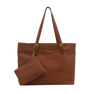 Brown faux leather tote bag set with cross-grain texture and small zipper pouch