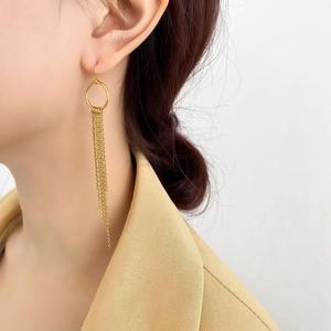Boucles Oreilles Longues À Pompons Acier Inoxydable Plaqué Or 18K Cerceau Rond Géométrique Bijoux Élégants Pour Femmes