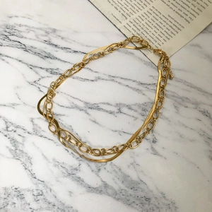 Golden multi-layer layered necklace featuring a classic link chain and sleek snake chain