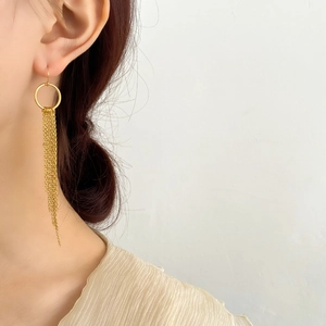Gros plan de boucles d'oreilles pendantes à franges dorées montrant le détail du métal