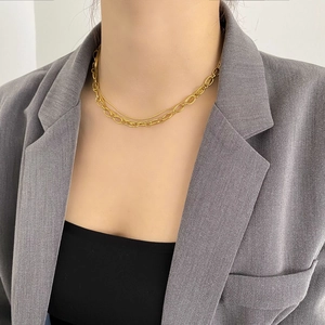 Close-up of layered gold chain necklaces on a model in a modern minimalist style
