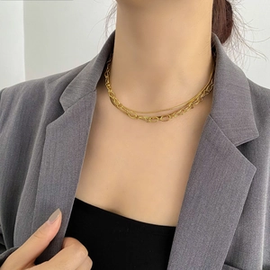 Detail of layered gold link necklace on female model wearing professional gray suit