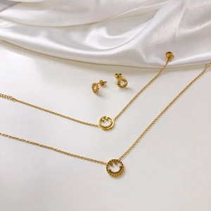 Bijoux Visage Souriant Creux Acier Titane Plaqué Or Collier Boucles Oreilles Bracelet Accessoire Femmes
