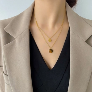 Double Layer Necklace Titanium Steel 18K Gold Plated Round Disc Pendants Minimalist Chic Layered Jewelry Women
