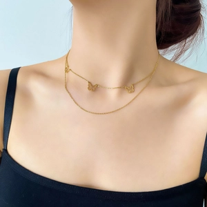 Double Layer Butterfly Necklace Titanium Steel Hollow Pendants Choker Minimalist Jewelry For Women Gold Color