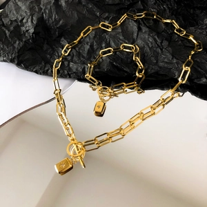 Collier Et Bracelet Chaîne Trombone Acier Titane Or Pendentif Rectangle Étoilé Fermoir À Bascule Bijoux De Mode Femmes