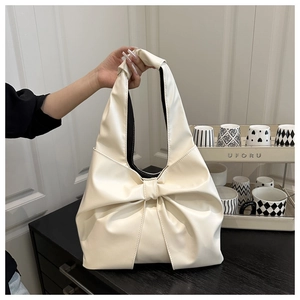Fashion Large Bow Shoulder Bag PU Leather Slouchy Handbag Minimalist Niche Commuter Tote For Women Modern Sweet Style
