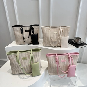 Women Large Capacity Straw Woven Tote Bag And Pouch Casual Fashion Woven Shoulder Bag PU Trim Handbag Summer Beach Travel