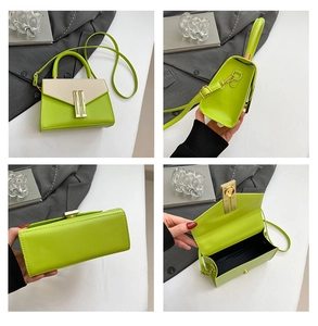 Detail view of lime green mini square bag with beige flap and gold twist lock closure