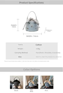 Detailed size chart for denim bucket bag showing dimensions 14x15x17cm and color options