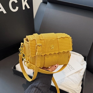 Women Fashion Woven PU Leather Crossbody Bag Gold Flower Metal Lock Wavy Edge Shoulder Handbag Chic Small Square Messenger Bag