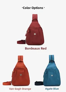 Nylon chest bags in burgundy, orange, and blue with minimalist triangular design