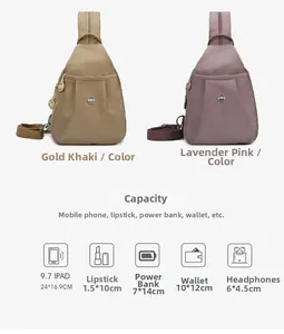 Detail of khaki and pink oxford cloth chest bags showing waterproof texture and compartments