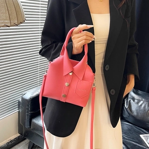 Pink shirt-shaped handbag in lychee texture with collar and button details for women