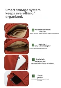 Detail of the mini oxford backpack showing multiple compartments and anti-theft back pocket