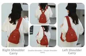 Detailed views of the orange mini nylon backpack worn as a chest bag or small rucksack