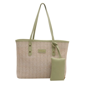 Large beige woven straw tote bag with green leather trim and matching small coin purse