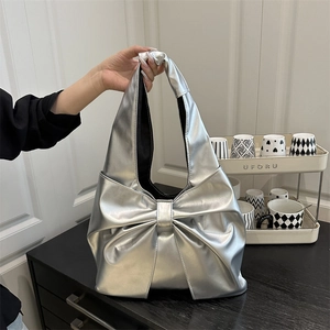 Women Casual PU Leather Bow Knot Shoulder Bag Simple Large Tote Underarm Bag Fashion Pleated Handbag For Daily Travel