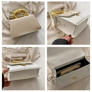 Detailed views of white crossbody bag with khaki woven flap and gold metallic handle