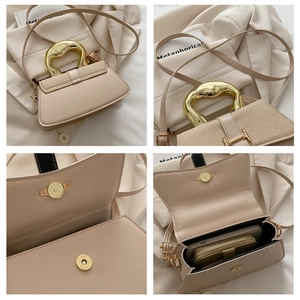 Detailed views of beige crossbody bag with gold irregular handle and internal storage