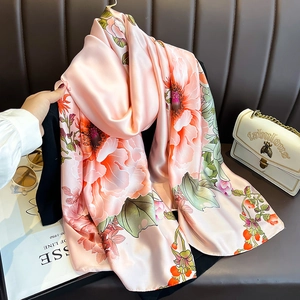 Fashion Satin Scarf For Women Floral Print Faux Satin Shawl Lightweight Soft Retro Neck Wrap Elegant Glossy Accessory