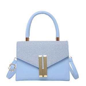 Minimalist light blue crossbody square bag with two-tone texture and gold metal lock
