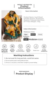 Detailed size chart and fabric specs for sunflower print scarf 66x178cm