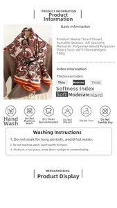 Detailed chart of paisley printed shawl scarf with size 66x178cm and polyester material