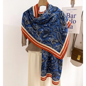Retro paisley print scarf in navy blue and orange, oversized warm wrap for women
