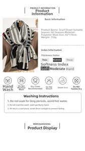 Detail view of black and white plaid scarf with 66x178cm dimensions and care instructions