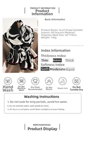 Detail showing camellia pattern scarf with fabric specs and washing care instructions
