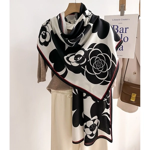 Camellia Flower Elegant French Style Polyester Long Shawl Winter Warm Wrap For Women Luxury Contrast Color