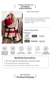 Infographic showing red and black plaid faux cashmere scarf with size 66x178cm and specs