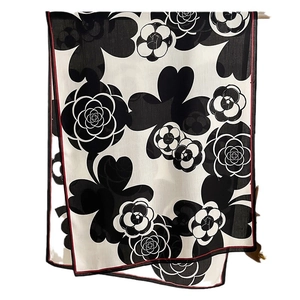 Classic camellia and clover print silk scarf with red trim for autumn and winter neck wear