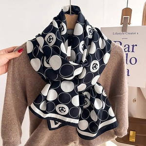 Polka dot scarf with camellia pattern for women, elegant black and white shawl accessory