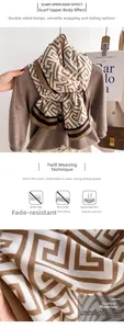 Detail of soft geometric patterned twill woven scarf in coffee brown and beige