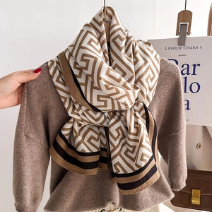 Lightweight brown letter pattern scarf with elegant geometric print and silk-like texture