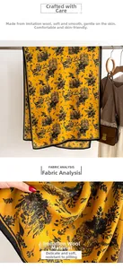 Detail of yellow faux sheep wool scarf showing soft fabric texture and vintage prints