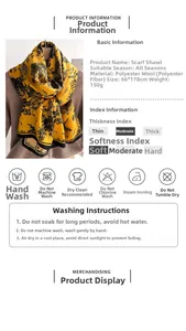 Detailed size specifications and washing care guide for yellow patterned winter scarf