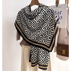 Brown wool-touch scarf with Greek key pattern and striped borders for autumn and winter
