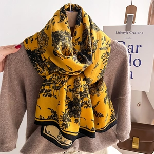 Elegant mustard yellow scarf with classic vintage architectural prints and floral patterns