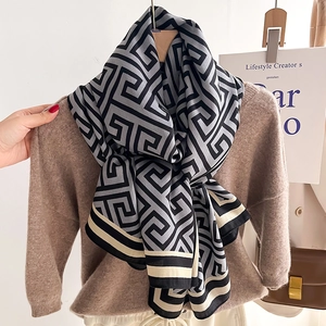Women's scarf with black and grey geometric Greek key pattern and cream striped borders