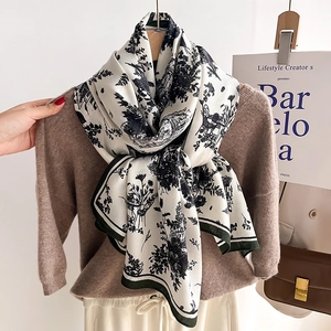 Elegant Toile de Jouy scarf in cream and dark green with vintage floral pattern