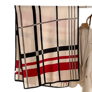 Stylish beige plaid scarf for women with elegant black and red British checkered pattern